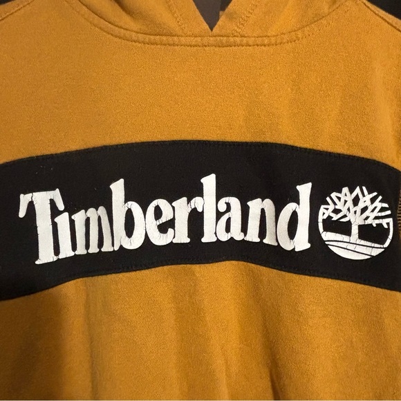 Timberland Logo Pullover Hoodie size M 10-12 Mustard Yellow Cotton Blend Youth - Picture 2 of 8